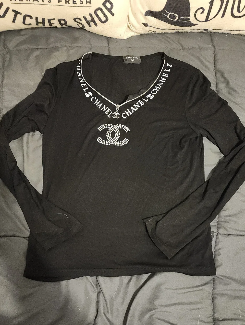 Coco CHANEL Black Long Sleeve Logo Jewel Tee - So Cute! 🥰
